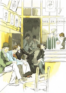 A diverse group of people engaged in a lively conversation in a cozy café.