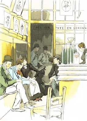 A group of people are gathered inside a café. Some are sitting on benches and chairs, while others are standing and conversing. There are bottles on the bar counter and pictures hanging on the walls. The setting appears lively and sociable.