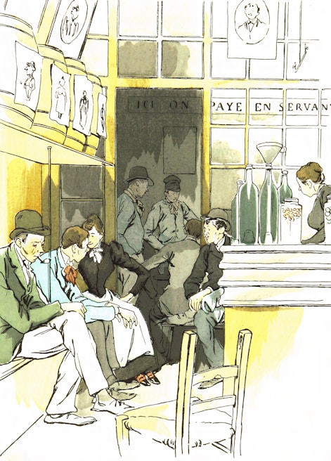 A group of people discussing politics in a café.