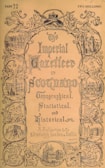 An ornate book cover for 'The Imperial Gazetteer of Scotland' featuring intricate illustrations of Scottish landmarks such as castles and cathedrals. The border is elaborately decorated with scrollwork, including images labeled as Edinburgh, Glasgow Cathedral, Stirling, Falkland, and Holyrood. The text is in a gothic style, giving it a historical and authoritative appearance.