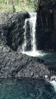 A small waterfall cascading down dark, textured rocks into a clear, turquoise pool. Surrounding the waterfall, there are lush green plants and trees, highlighting the natural setting.