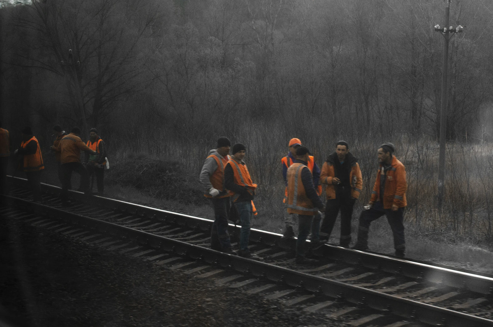 Track crew standing together on the railway