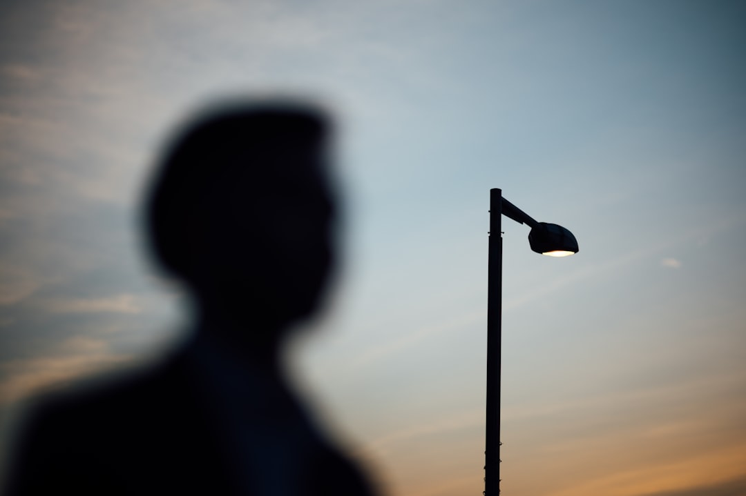 silhouette of man standing near light post during sunset