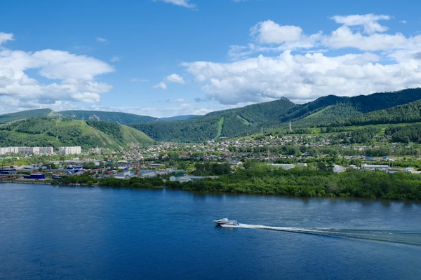 The Yenisei below the forested hills — Krasnoyarsk, Russia