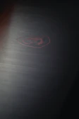 Detail of brushed gold logo embossed on the leather surface of eros shield case.