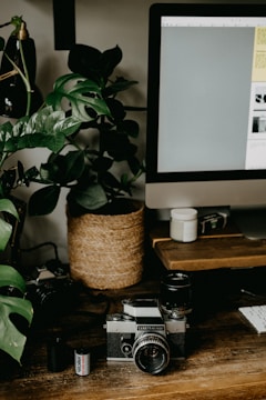 A vintage camera rests on a wooden desk surrounded by photography equipment, including a film roll and lenses. A large leafy plant in a woven basket adds a touch of nature to the scene. A computer monitor occupies part of the desk, and the overall setting appears to be a workspace combining technology and nature.