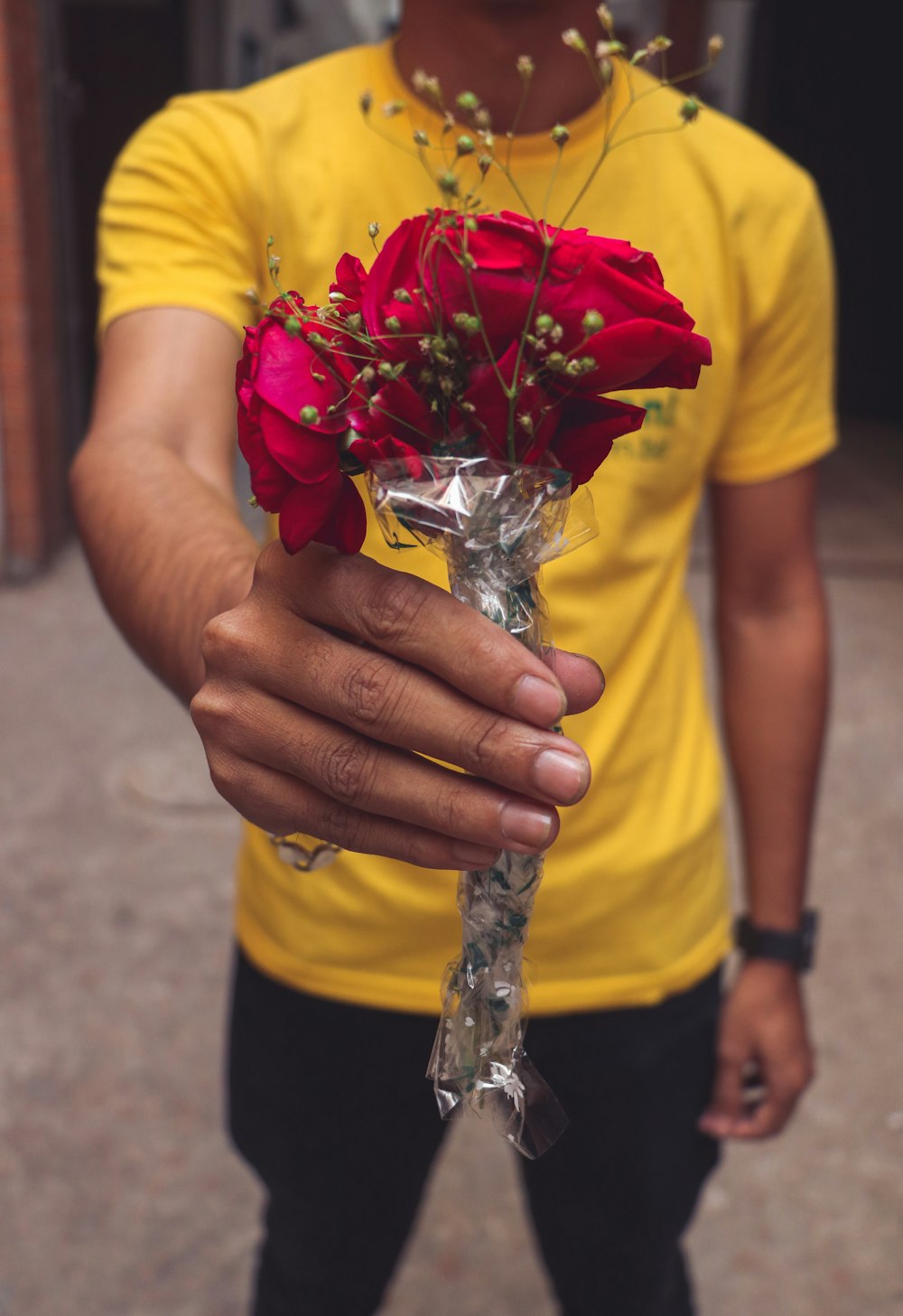 person holding red rose bouquet