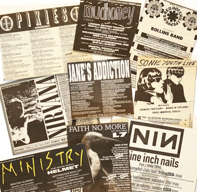 A collage of black-and-white concert flyers featuring bands like Pixies, Mudhoney, Red Hot Chili Peppers, Nirvana, Jane's Addiction, Sonic Youth, Faith No More, Ministry, and Nine Inch Nails. The flyers display various concert dates, venues, and details in a vintage style.