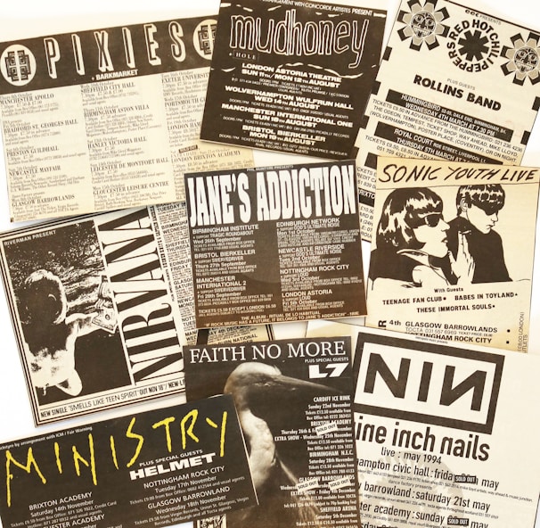 A collage of black-and-white concert flyers featuring bands like Pixies, Mudhoney, Red Hot Chili Peppers, Nirvana, Jane's Addiction, Sonic Youth, Faith No More, Ministry, and Nine Inch Nails. The flyers display various concert dates, venues, and details in a vintage style.