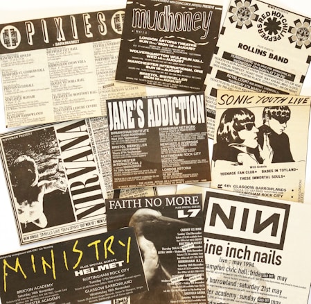A collage of black-and-white concert flyers featuring bands like Pixies, Mudhoney, Red Hot Chili Peppers, Nirvana, Jane's Addiction, Sonic Youth, Faith No More, Ministry, and Nine Inch Nails. The flyers display various concert dates, venues, and details in a vintage style.