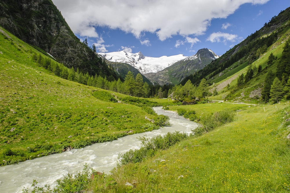 green grass field and mountains under blue sky during daytime