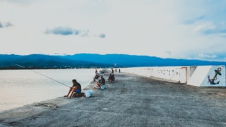 Several people are fishing along a concrete pier or breakwater that extends out into a body of water. The scene is set against a backdrop of distant mountains under a lightly clouded sky. Graffiti artwork is visible on the side of the pier.