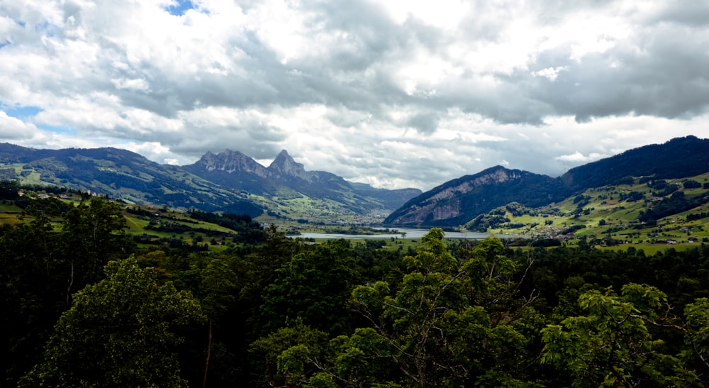 green trees near mountain under cloudy sky during daytime