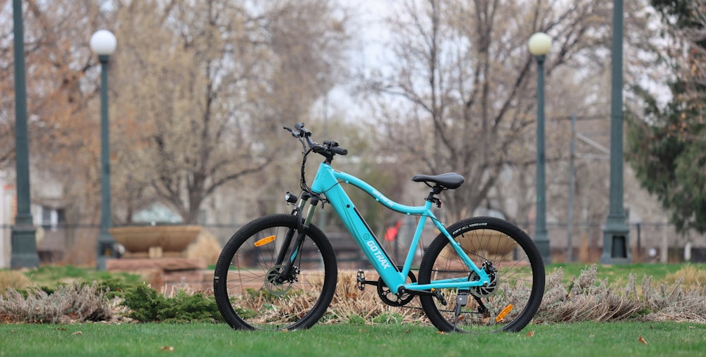 green and black bicycle on green grass field during daytime