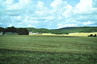 A scenic view of a large rural farm with green fields and a farmhouse.