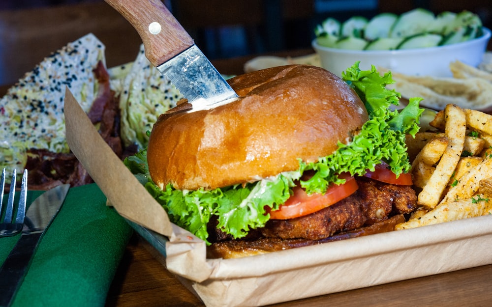 burger on white ceramic plate