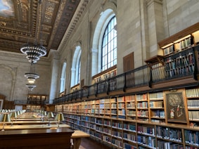 brown wooden book shelves in library
