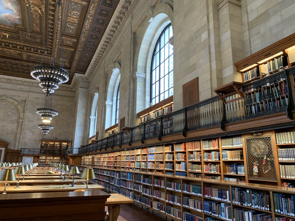 brown wooden book shelves in library