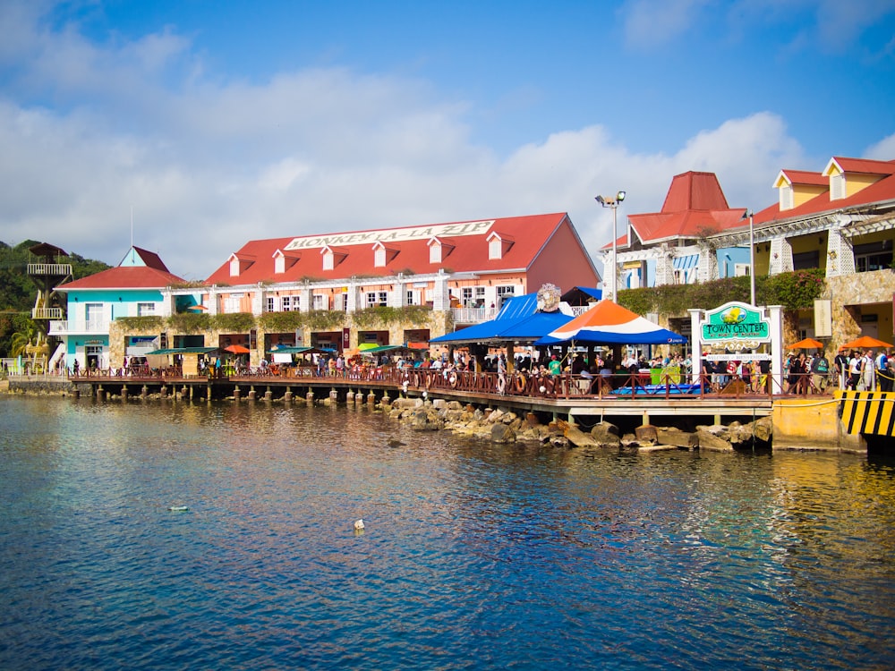 people walking on dock near houses during daytime