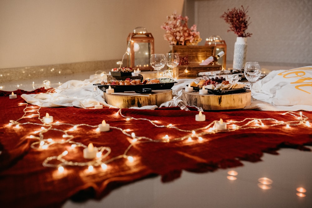 red and white floral table cloth