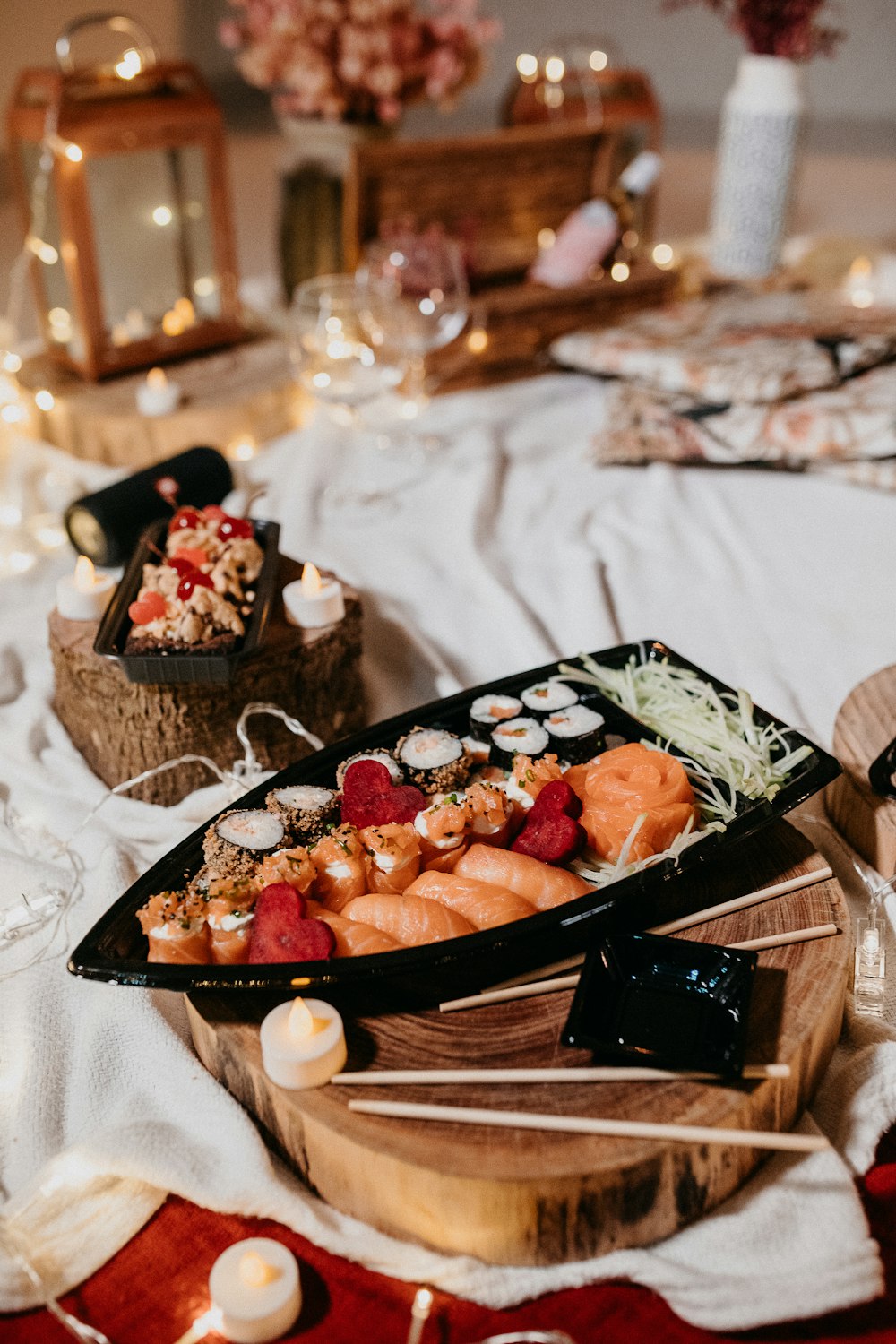 black and white cake on brown wooden tray