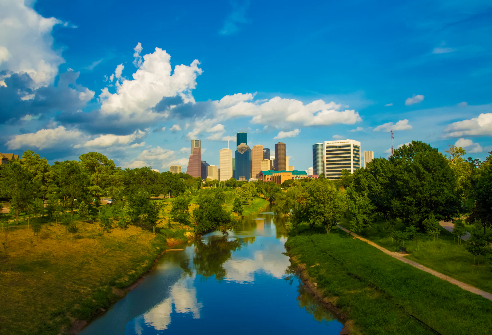 Buffalo Bayou park with the Houston skyline in the background