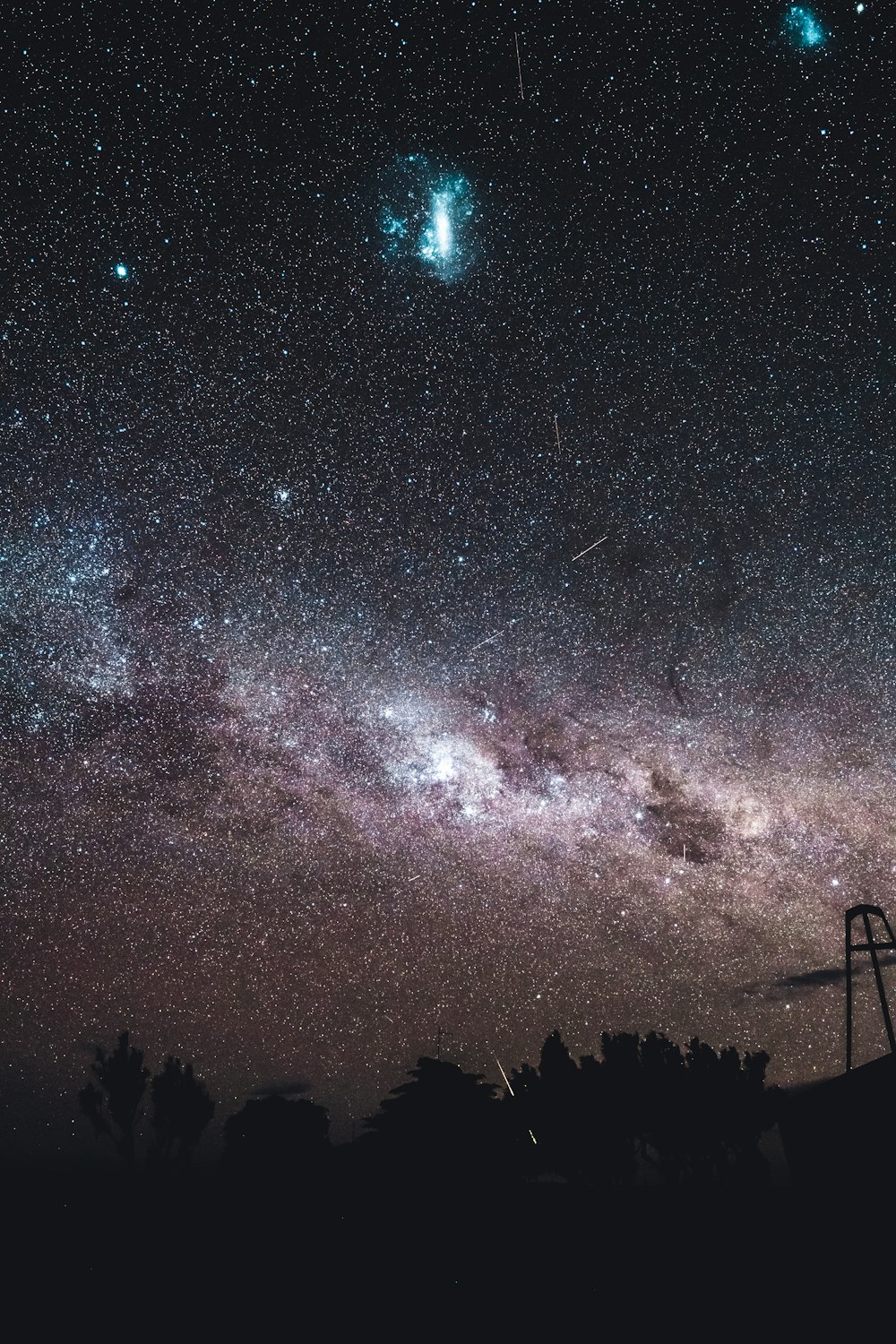 silhueta de árvores sob a noite estrelada