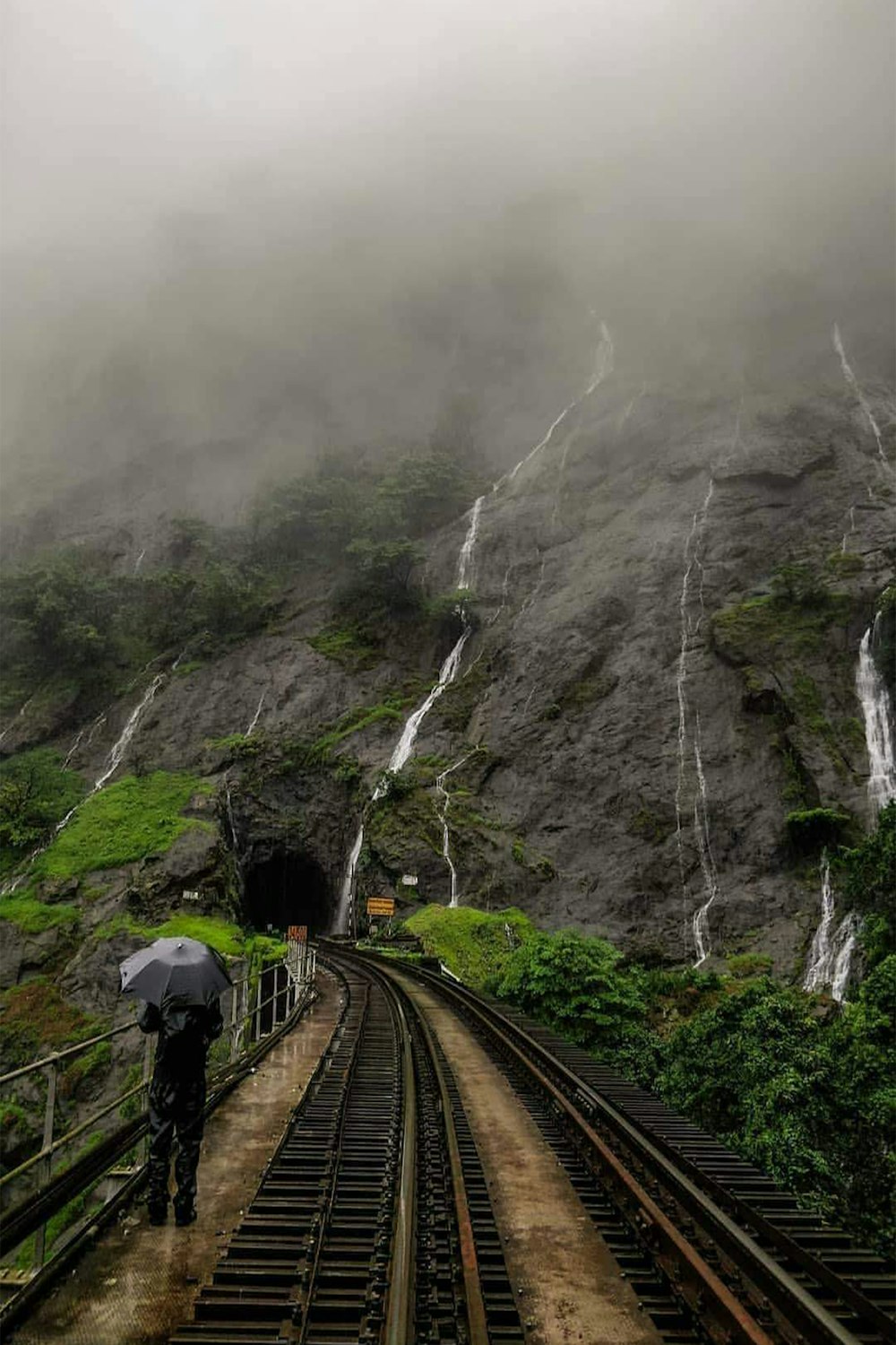 people walking on train rail near mountain