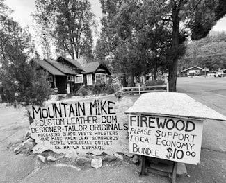 A rustic scene featuring two handmade signs advertising custom leather goods and firewood for sale. The signs are placed in front of a quaint cabin surrounded by tall pine trees, situated on a quiet rural street.