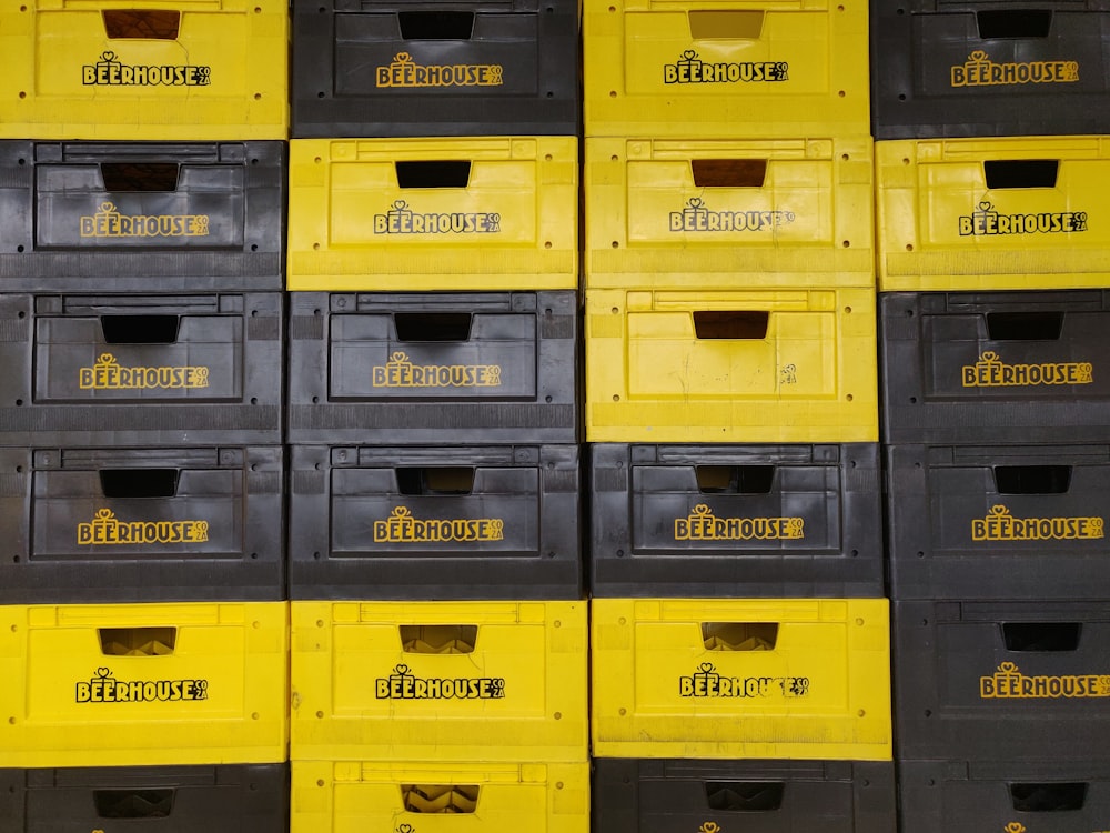 yellow and black plastic crates