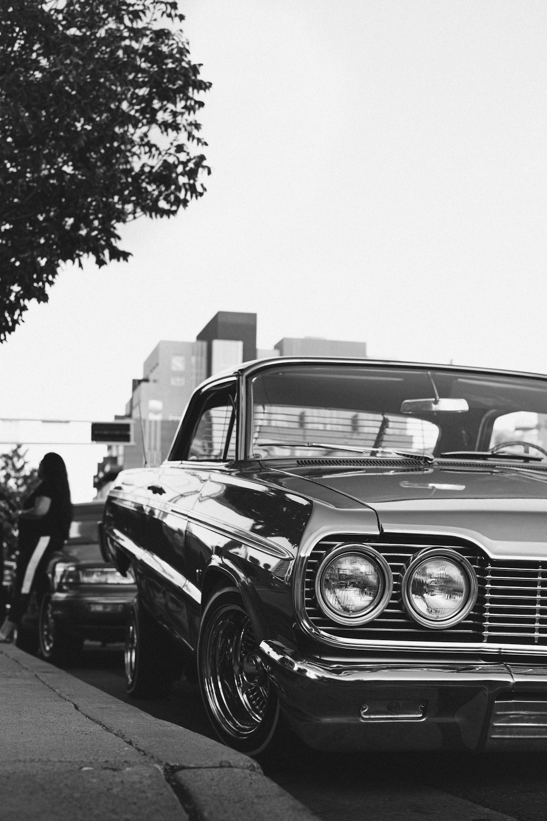 grayscale photo of classic car