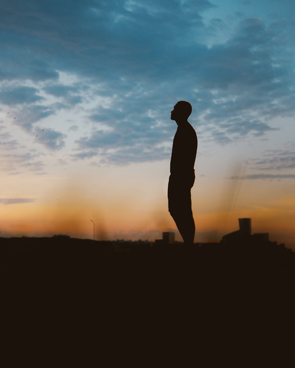 silhouette of man standing on hill during sunset