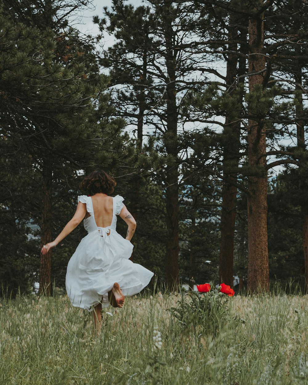 Mujer en vestido blanco sentada en el campo de hierba verde durante el día