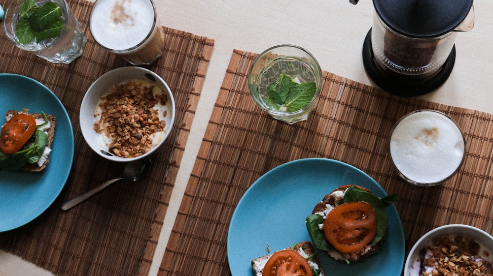 blue ceramic plate with food on table