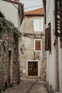 brown wooden door on gray concrete building