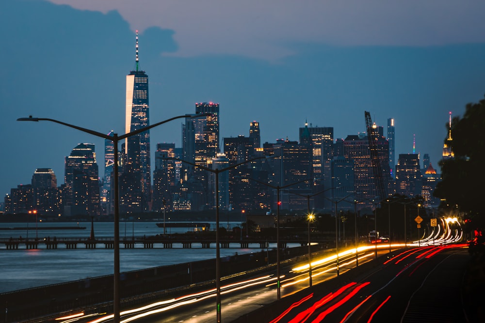 city skyline during night time