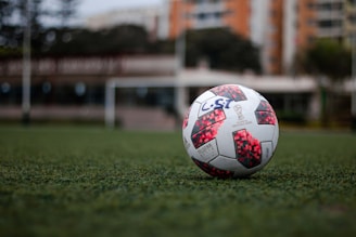 white red and blue soccer ball on green grass field during daytime