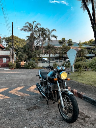 A classic motorcycle is parked on a paved road with palm trees and a house in the background. The motorcycle has dual headlights and a sleek design that stands out against the clear blue sky. The setting appears residential with a mix of greenery and urban elements.