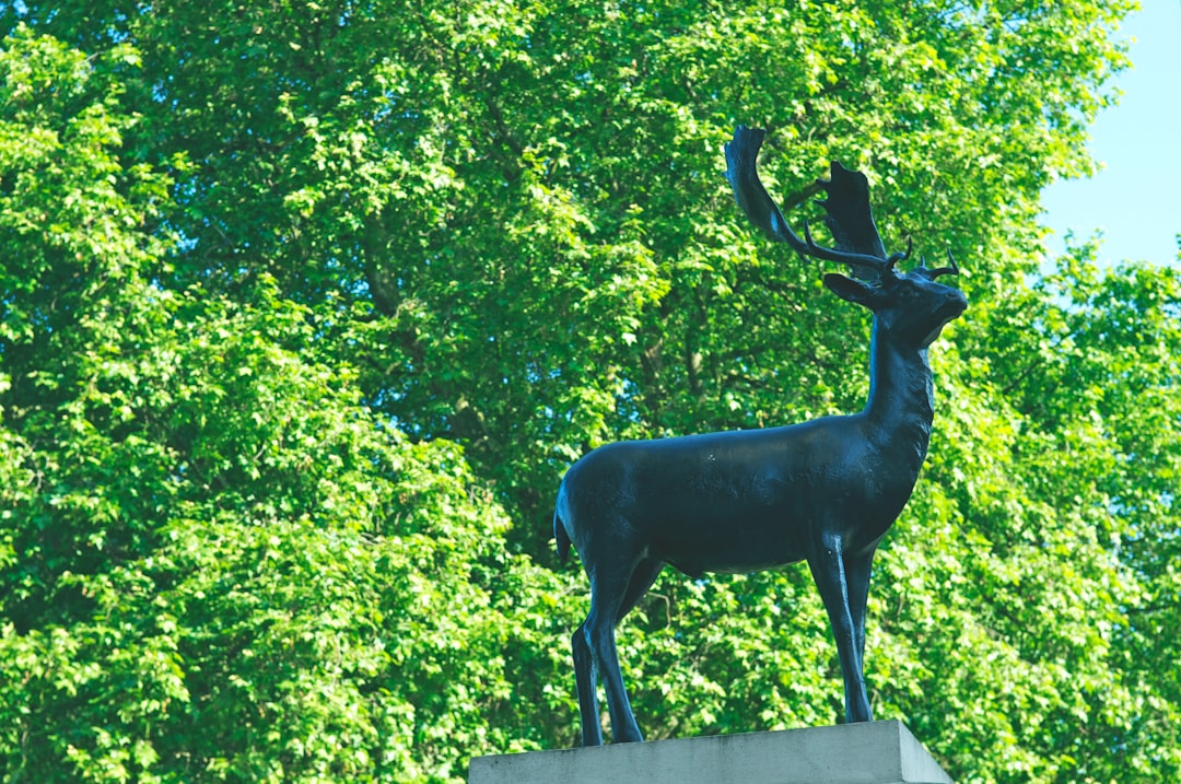 black deer statue on gray concrete fence