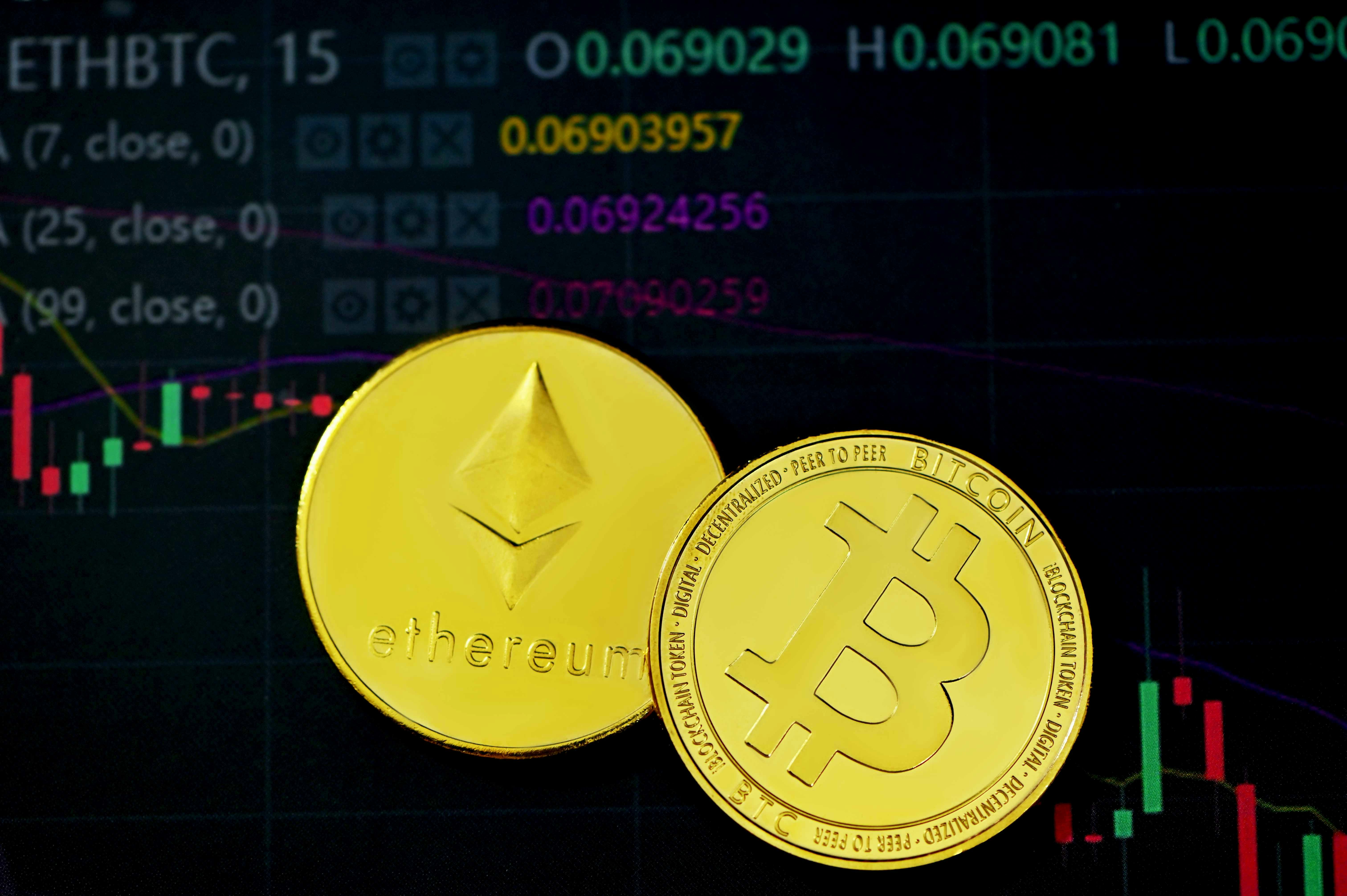 Ethereum and Bitcoin place on trading chart background