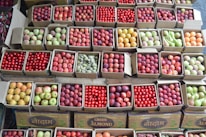 A variety of fruits are neatly packed in cardboard boxes, each containing a different kind such as apples, plums, pears, and tomatoes. The boxes are arranged in rows, showcasing their vibrant colors and freshness.