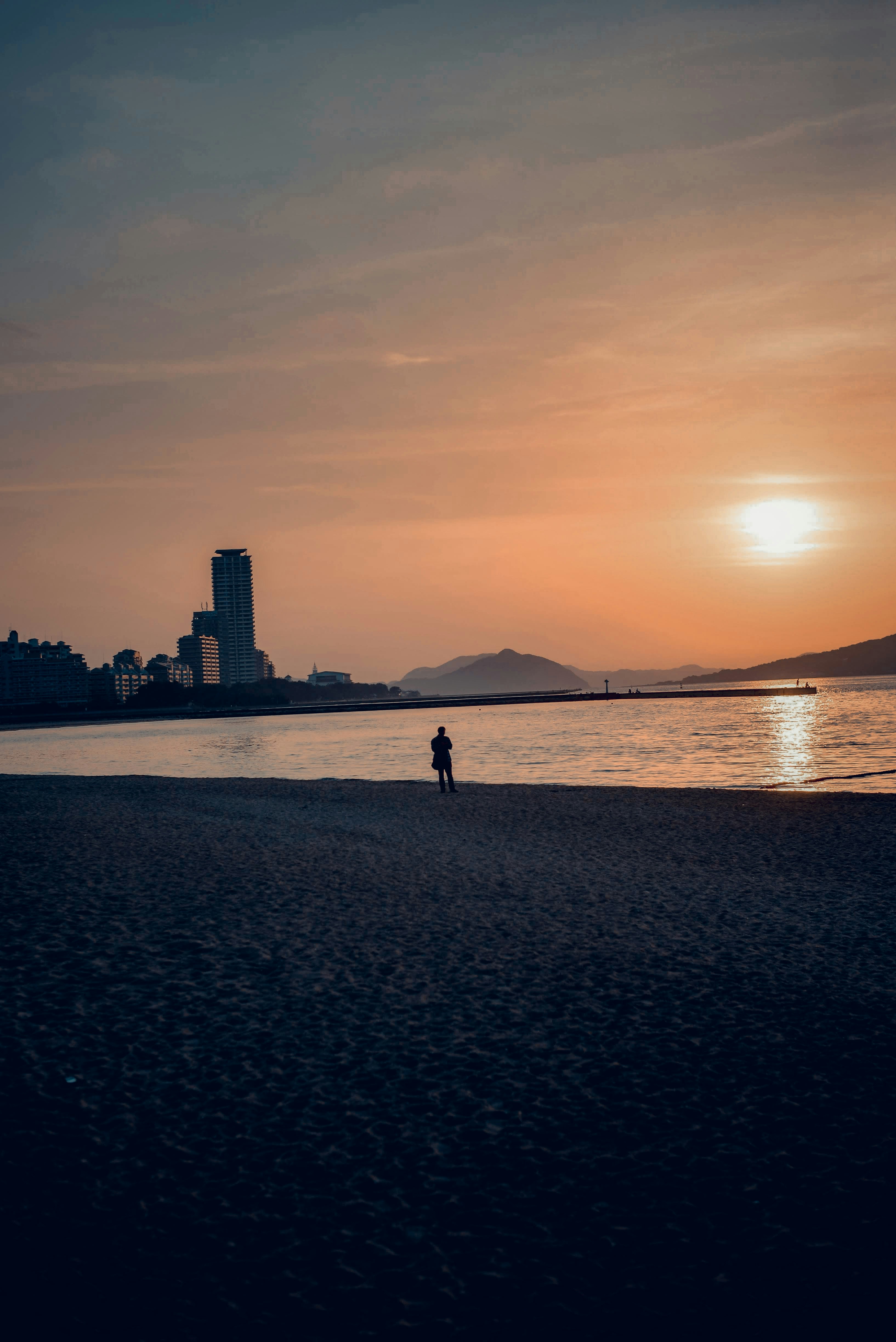 Siluetta di 2 persone in piedi sulla riva del mare durante il tramonto