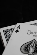 A close-up of playing cards featuring the ace of spades with intricate black and white designs. The card displays the word 'Bicycle' and includes detailed artwork on a dark background.