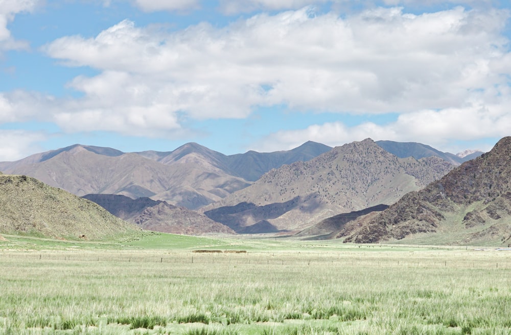 green grass field near brown mountains under white clouds during daytime