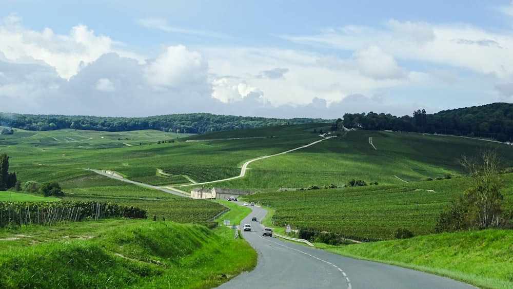 carros na estrada entre o campo de grama verde sob nuvens brancas durante o dia