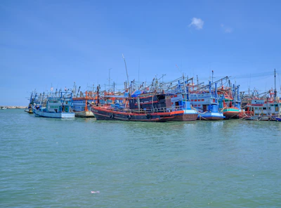 Colorful fishing boats docked at Bayahibe beach under a bright blue sky.