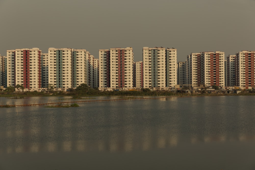 a large body of water with a bunch of buildings in the background