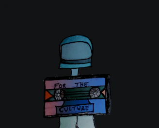 A cartoon-style human figure with a blue helmet or hat, holding a colorful cassette tape. The cassette has the words 'For the Culture' written on it. The background is a solid dark color.