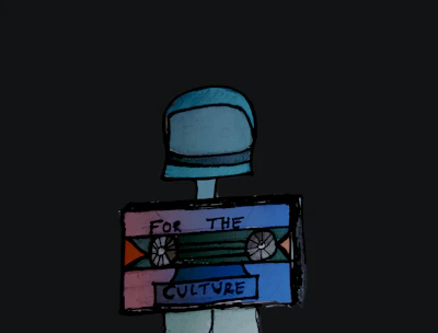 A cartoon-style human figure with a blue helmet or hat, holding a colorful cassette tape. The cassette has the words 'For the Culture' written on it. The background is a solid dark color.