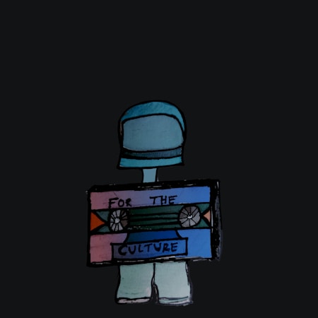 A cartoon-style human figure with a blue helmet or hat, holding a colorful cassette tape. The cassette has the words 'For the Culture' written on it. The background is a solid dark color.